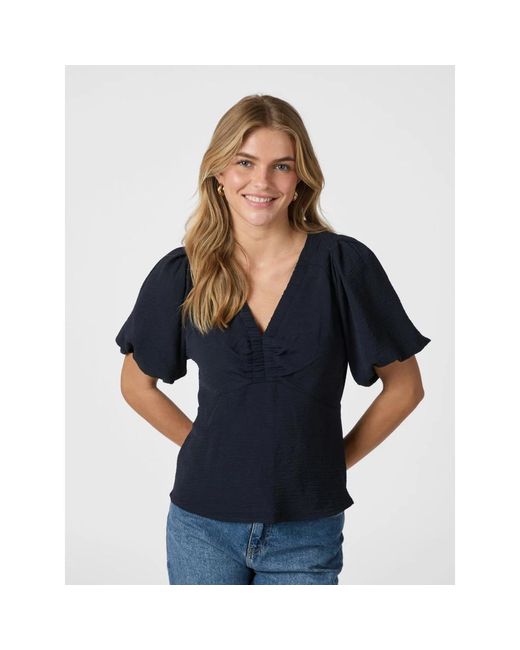 Neo Noir Overhemden ,Blauw ,Leer Blauwe Pofmouw Blouse in het Black