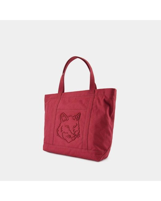 Maison Kitsuné Red Rote leder shopper tasche mit canvas gurt