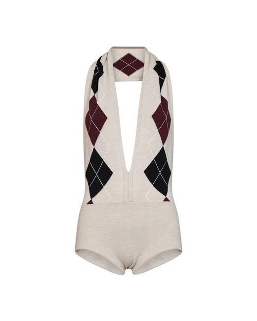 Mugler Cashmere Argyle Bodysuit in het Natural