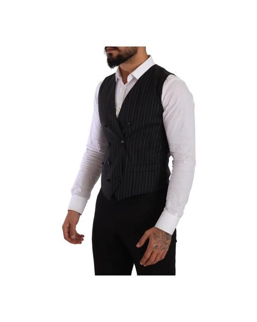 Dolce & Gabbana Kostuums ,Grijs ,Wol Grijze Gestreepte Dubbelrij Vest in het Black voor heren
