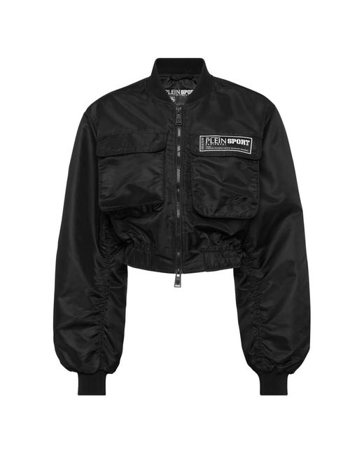 Philipp Plein Fitness ,Zwart ,Polyester Cropped Bomber Jacket Ls With Cargo Pockets in het Black