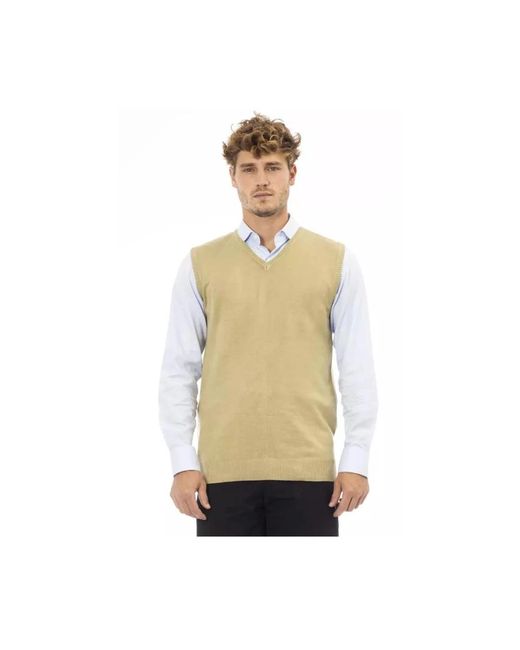 Alpha Studio Beiger Viskose V-Ausschnitt Weste Klassischer Stil in Natural für Herren