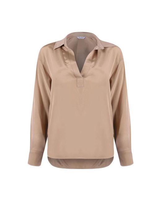 Max Mara Overhemden ,Bruin ,Kameelbruine Zijden Overhemd Met Polokraag in het Natural