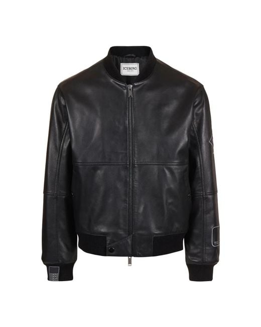 Iceberg Schwarze Lederbomberjacke Mit Gestickten Patches in Black für Herren