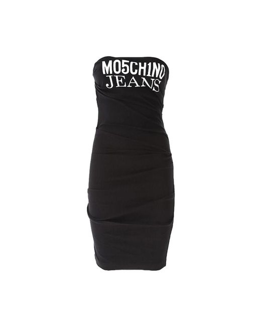 Vestido de algodón con hombros descubiertos y estampado de logo a rayas Moschino de color Black