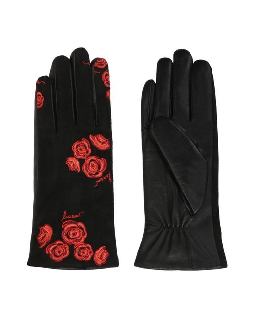 Kazar Accessoires ,Zwart ,Leer Elegante Zwarte Handschoenen Met Geborduurde Rode Bloemen in het Black