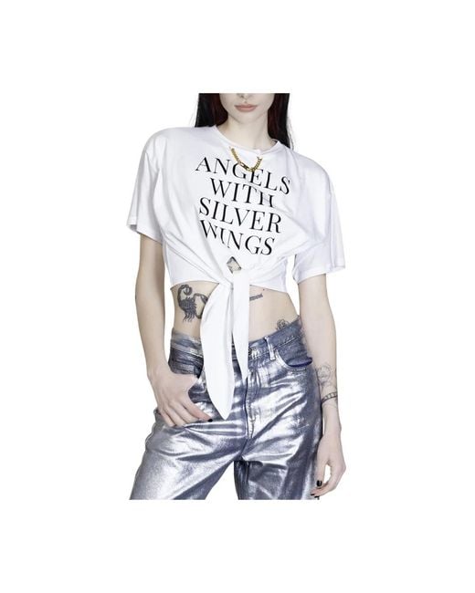 T-shirt bianca cropped con nodo e stampa di Elisabetta Franchi in White
