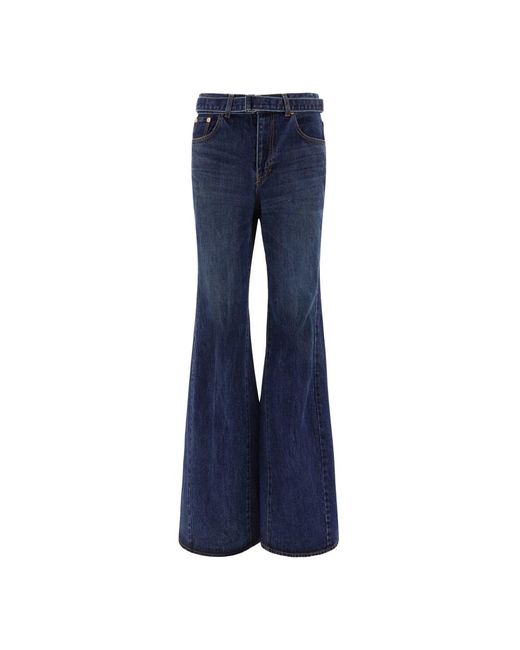 Sacai Jeans ,Blauw ,Katoen Geriemde Wijd Uitlopende Jeans in het Blue