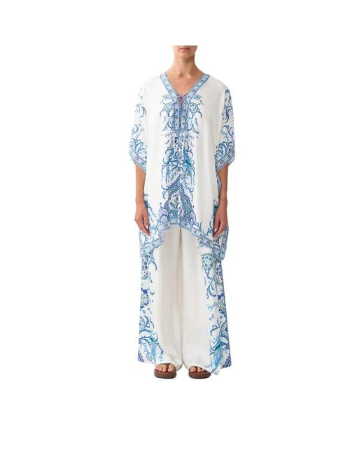 Camilla Jassen ,Wit ,Kanten Kaftan Van Zijde in het Blue