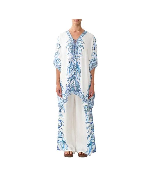 Camilla Jassen ,Wit ,Kanten Kaftan Van Zijde in het Blue