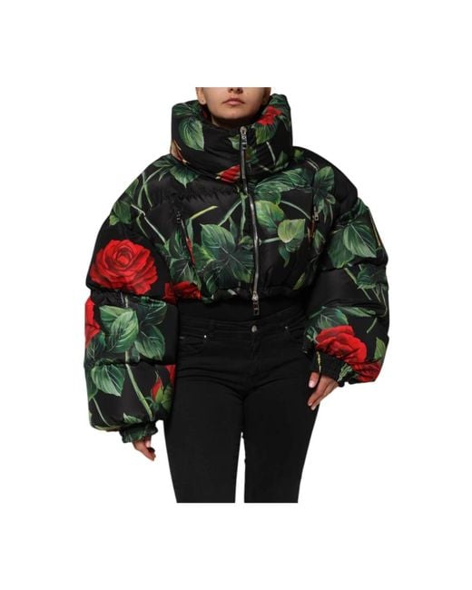 Dolce & Gabbana Green Blumige Steppjacke Mit Durchgehendem Reißverschluss