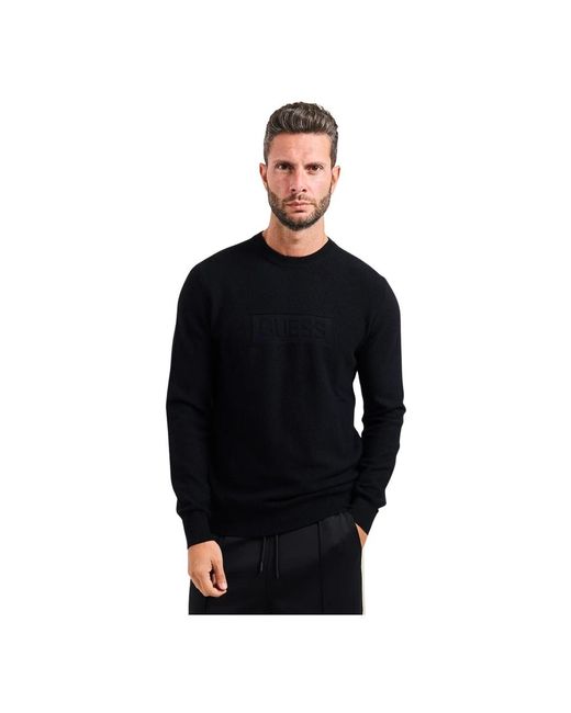 Guess Schwarzer Rundhalsausschnitt Baumwollpullover in Black für Herren