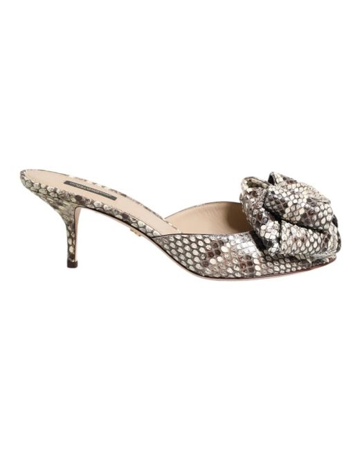 Dolce & Gabbana Metallic Multicolor Keira Bow Leather Peep Toe Mules Shoes