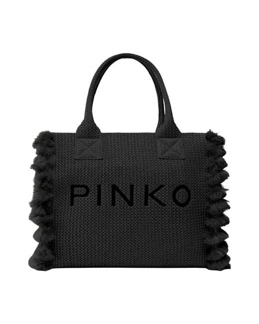 Pinko Black Raffia Shopping Bag Mit Logo