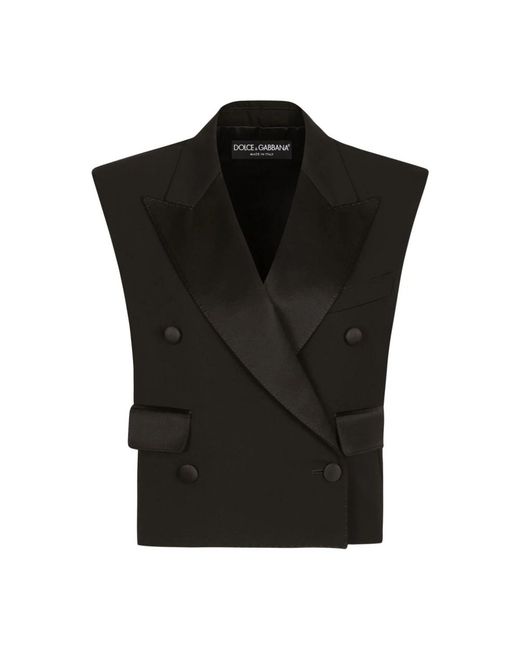 Dolce & Gabbana Jassen ,Zwart ,Wol Zwarte Mouwloze Double-Breasted Wollen Jas in het Black