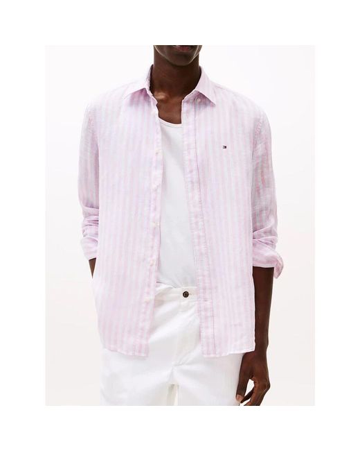 Tommy Hilfiger Klassisches Rosa Gestreiftes Leinenhemd in Purple für Herren