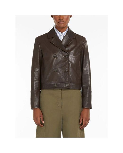 Weekend by Maxmara Brown Braune Kurze Lederjacke Mit Doppelreihiger Knopfleiste