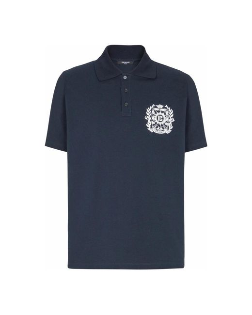 Balmain Tops ,Blauw ,Katoen Katoenen Poloshirt Met Écusson-Print in het Blue voor heren