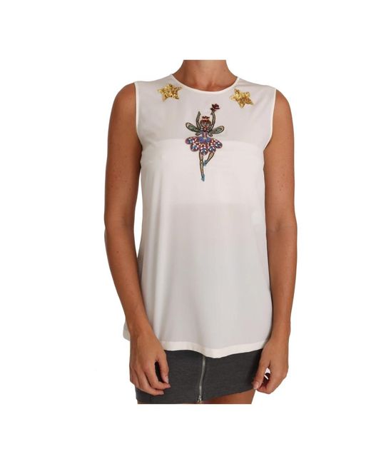 Top in seta bianco con cristalli e paillettes di Dolce & Gabbana in White