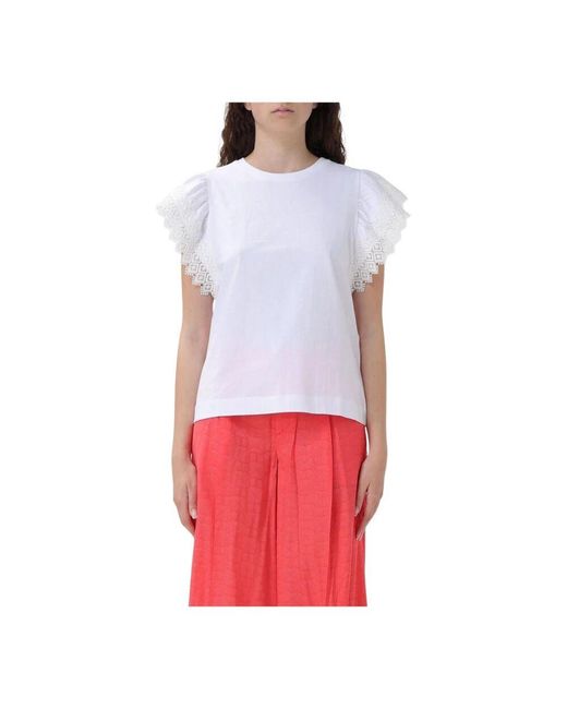Twinset White Weißes T-Shirt Mit Spitzen-Details