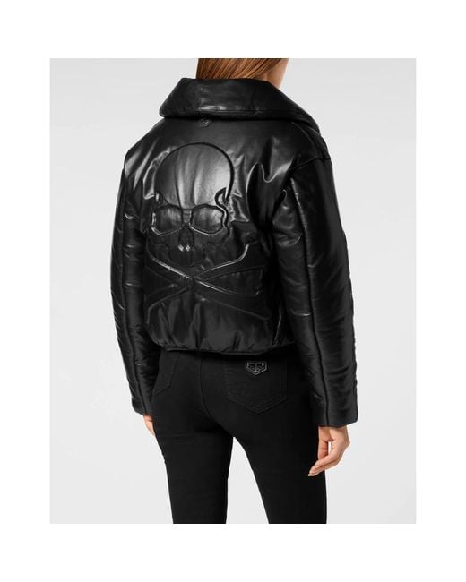 Philipp Plein Jassen ,Zwart ,Leer Silky Leather Biker Jacket Skull&Bones in het Black