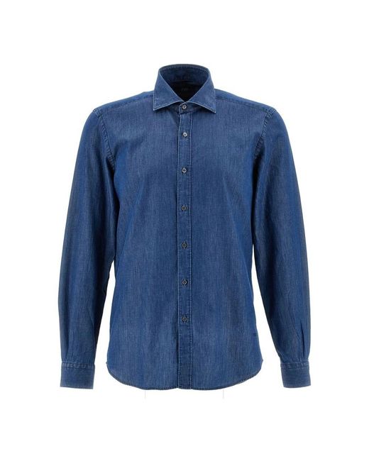 Fay Blaue denim stone washed hemd in Blue für Herren