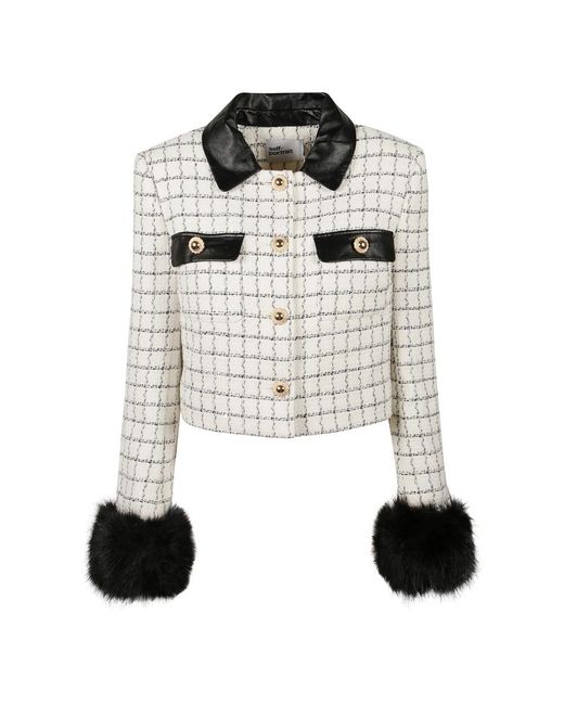 Self-Portrait Jassen ,Wit ,Wol Check Boucle Fur Cuff Jacket in het White
