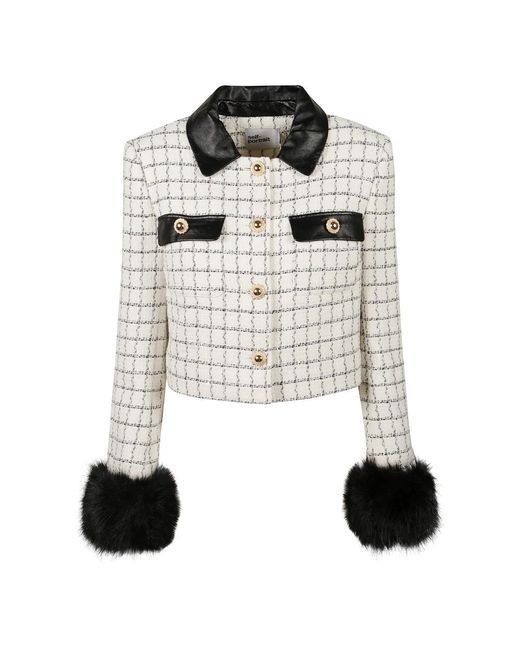 Self-Portrait Jassen ,Wit ,Wol Check Boucle Fur Cuff Jacket in het White