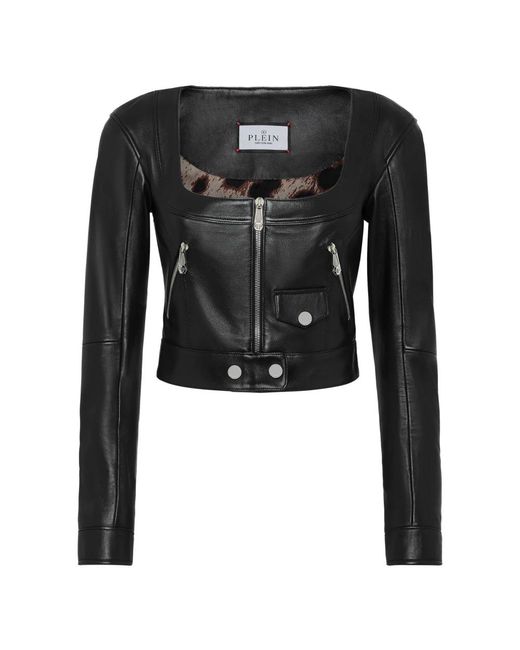 Philipp Plein Vintage Leren Cropped Jas in het Black