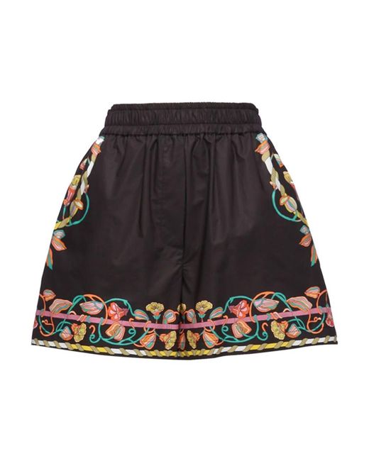 LaDoubleJ Korte Broeken ,Zwart ,Katoen Floral Border Pull-Up Shorts in het Black