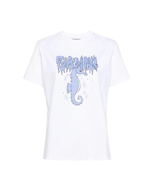 Camiseta de algodón estilo ilustración Ganni de color Blue