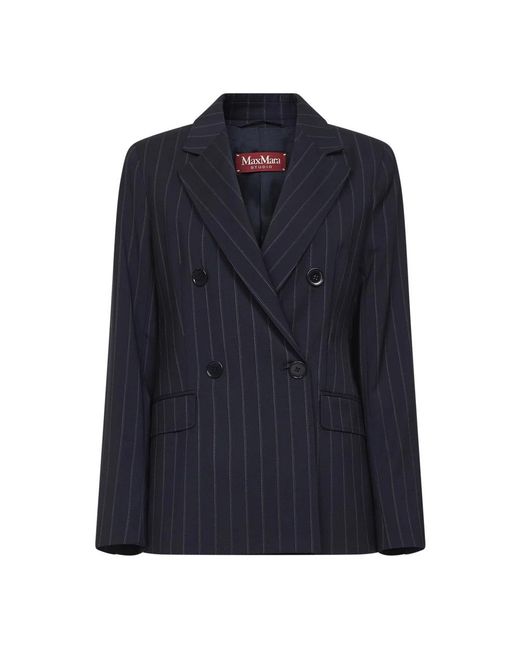 Max Mara Jassen ,Blauw ,Wol Double-Breasted Krijtstreep Wollen Blazer in het Blue