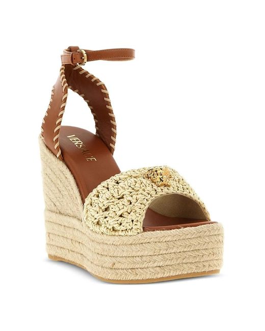 Versace Natural Braided Jute Platform Wedge Leather Sandals