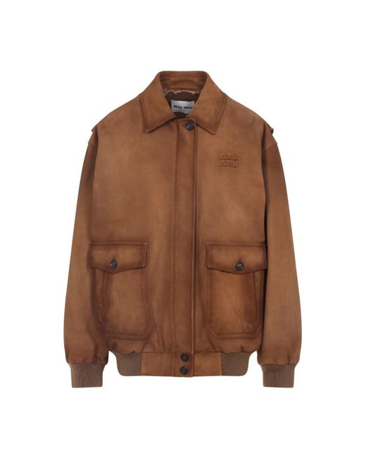 Miu Miu Brown Braune Lammlederjacke Mit Monogramm-Patches