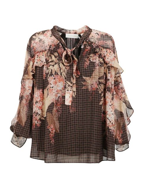 Zimmermann Brown Blumige Bluse Mit V-Ausschnitt Und Rüschen