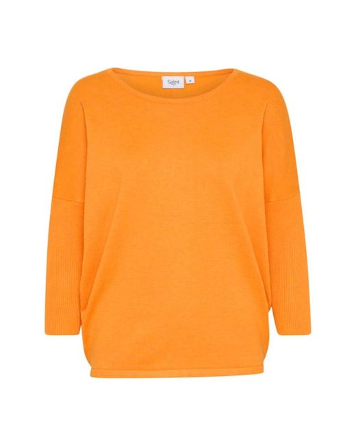 Saint Tropez Abrikoos Melange R-Neck Pullover Sweater in het Orange