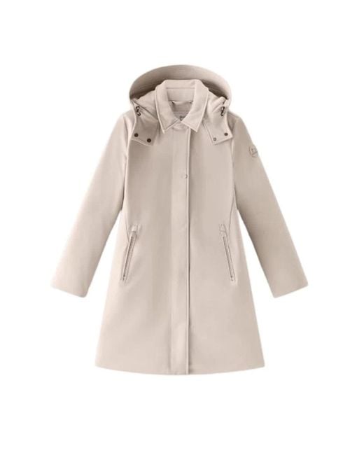 Woolrich Jassen ,Wit ,Technische Trenchcoat Met Afneembare Capuchon in het Natural