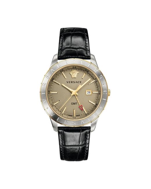 Versace Accessoires ,Grijs ,Leer Herenhorloge Zwart Leer Goud Zilver Gmt in het Metallic voor heren