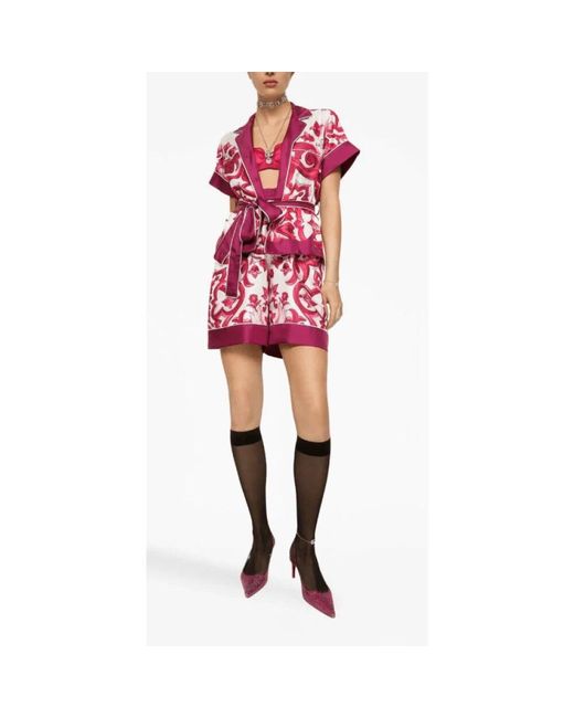 Dolce & Gabbana Pink Majolika-print seidenbluse mit gürtel