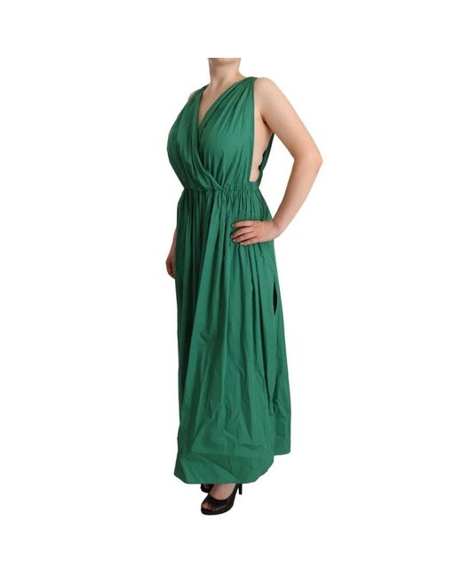 Dolce & Gabbana Green Dolce Gabbana Cotton Sleeveless V-neck Dress