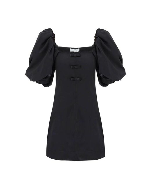 Ganni Black Satin mini kleid mit ballonärmeln