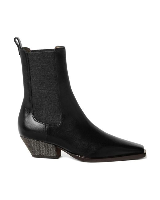 Brunello Cucinelli Black Schwarze Kubanische Stiefeletten Mit Elastischen Einsätzen