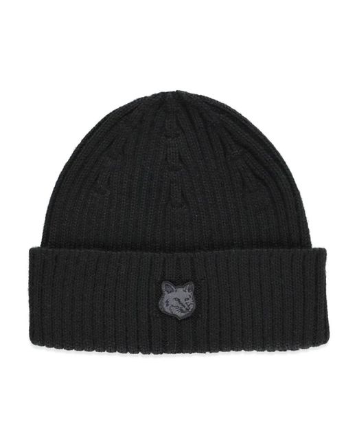 Berretto in lana nera a coste con logo fox head di Maison Kitsuné in Black da Uomo