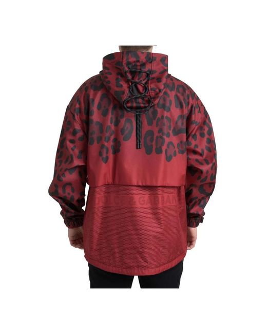 Dolce & Gabbana Jassen ,Veelkleurig ,Katoen Rode Luipaardprint Hooded Regenjas in het Red voor heren
