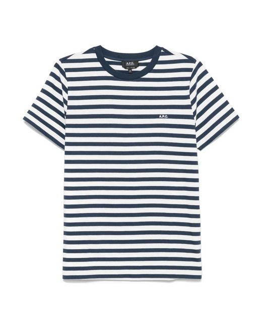 A.P.C. Tops ,Blauw ,Katoen Blauw Gestreept Logo T-Shirt Katoen in het Blue voor heren