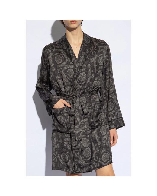 Versace Black Barocco-Printed Long-Sleeved Belted Robe for men