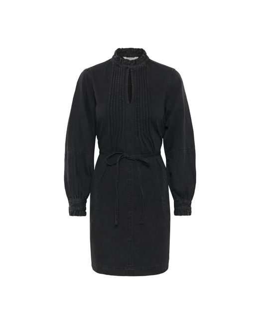 Part Two Kleedjes ,Zwart ,Denim Zwarte Denim Jurk Met V-Hals Plooien in het Black