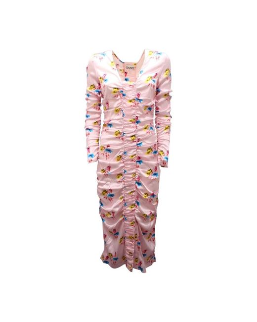Ganni Pink Blumiges Seidenkleid Mit Seitlichem Reißverschluss