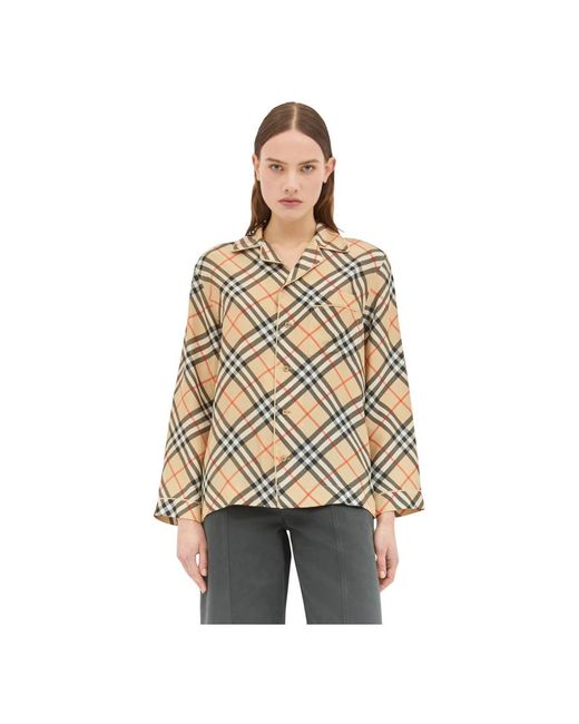 Burberry Overhemden ,Zijden Pyjama Shirt Met Checkpatroon in het Natural