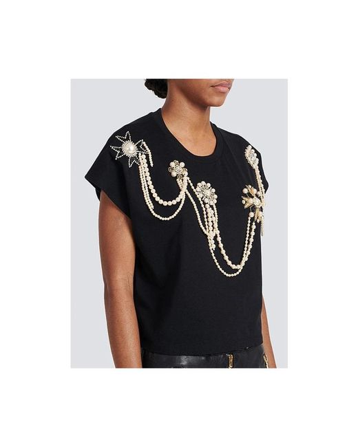 Balmain Tops ,Zwart ,Katoen Katoenen T-Shirt Met Korte Mouwen En Gouden Borduursel in het Black